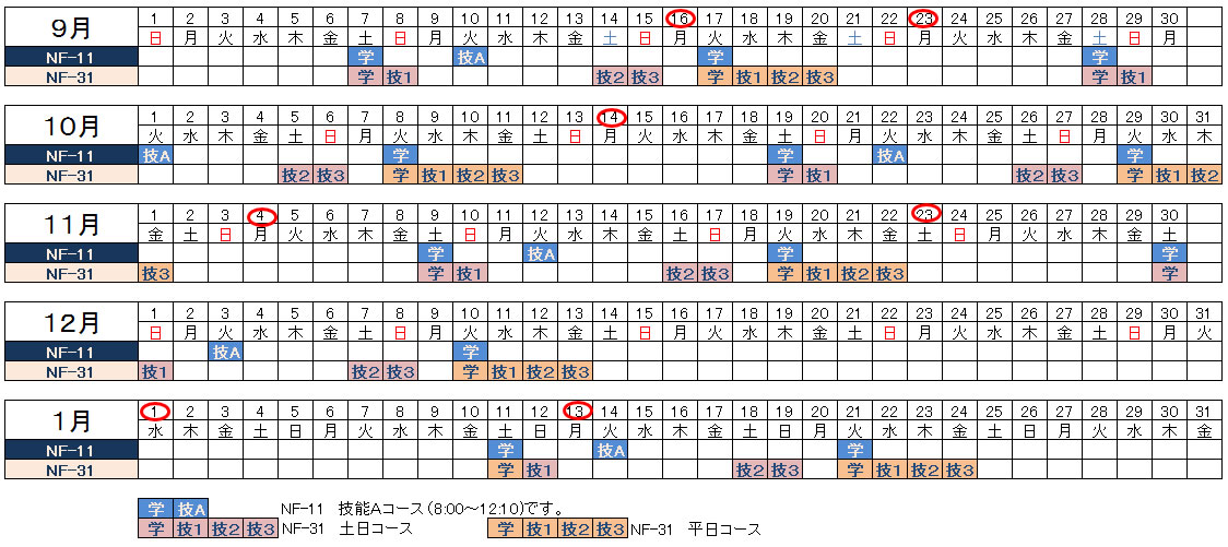 フォークリフト講習予定表