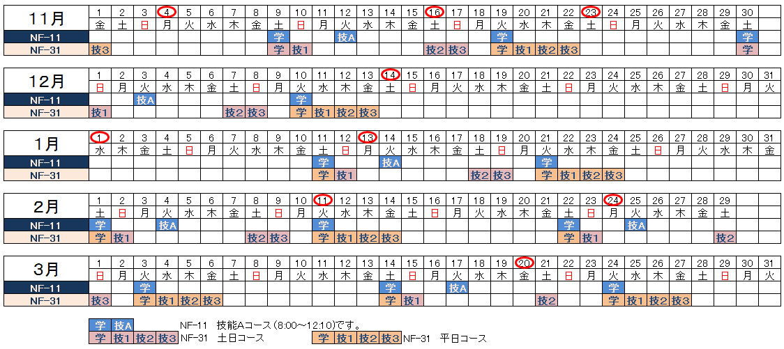 フォークリフト講習予定表